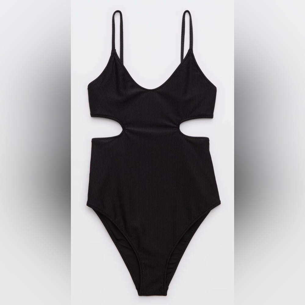 NWT Aerie Shine Rib Voop Cheeky One Piece Swimsuit in True Black
